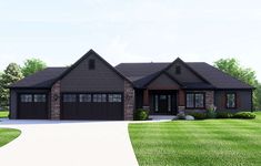 this is a computer rendering of the front elevation of these ranch homeplans and garages