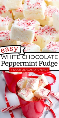 easy white chocolate peppermint fudge recipe in a red mug