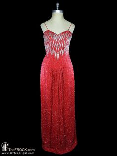 "BIG NEWS After 22 years, our website, TheFROCK.com, has had a makeover. Check out the new site, and join our mailing list for new arrivals.   Saks 5th Avenue heavily beaded red silk gown. Spaghetti straps, side zipper, lined. Measures bust 34\", natural waist 28\" (34\" at drop waist seam), length 59.5\". Condition is excellent.  Layaway is available. ALL DELIVERY DATES mentioned by Etsy are ESTIMATES, no delivery date or range is guaranteed, though most of our orders arrive ahead of estimate. Red Silk Gown, Gown Red, 5th Avenue, Silk Gown, Beaded Gown, Vintage Fur, Mailing List, Red Silk, Drop Waist