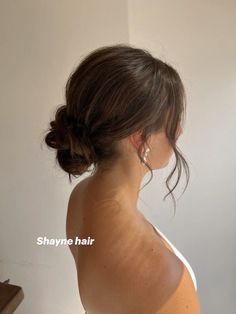 Bridal Low Bun Brunette, Low Formal Hairstyles, At Home Formal Hairstyles, Wedding Hair Low Messy Bun, Simple Bridal Hair Ponytail, Bridal Hair Simple Bun, Mid Length Brown Wedding Hair, Wispy Low Bun, Low Buns Wedding Hair