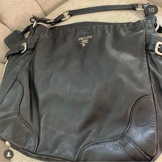 Large Vintage Prada Leather Hobo Bag In Black Amazing Condition!! Honestly Hurts To Let This One Go Authentic Vintage Black Hobo Shoulder Bag, Luxury Rectangular Hobo Bag For On-the-go, Vintage Prada Shoulder Bag, Luxury Black Hobo Bag With Silver-tone Hardware, Prada 1995 Bag, Prada Leather, Leather Hobo Bag, Leather Hobo, Prada Bag