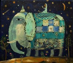 an elephant painted in blue and green with stars on it's back, surrounded by trees