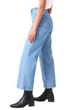 Fall for the silhouette of these high-waist jeans made from stretch-kissed denim in a light-blue wash with retro patch pockets and wide ankle-grazing hems. 28" inseam; 23" leg opening; 12 1/2" front rise; 14 1/2" back rise (size 29) Zip fly with button closure Five-pocket style 99% cotton, 1% elastane Machine wash, line dry Imported Washed Blue Cropped Leg Flare Jeans, Medium Wash Rigid Denim Cropped Leg Flare Jeans, High-rise Light Wash Cropped Jeans, Medium Wash Full-length Recycled Denim Flare Jeans, Spring Medium Wash Rigid Denim Flare Jeans, High Rise Light Wash Cropped Jeans With Five Pockets, Medium Wash Wide Leg Cropped Jeans, Washed Blue Cropped Jeans In Recycled Denim, High Rise Light Wash Cropped Jeans In Rigid Denim