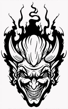 an illustration of a demon mask with flames on it's head and fangs in the mouth