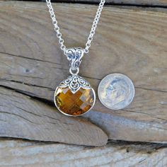 "Madeira citrine necklace...1 1/4\" tall with bail by 3/4\" wide at the widest spot, cast and antiqued in sterling silver 925 with a 18mm by 18mm beautiful Madeira citrine stone, this necklace is two sided last picture is the back...the chain is 18\" long also in sterling silver 925" Nickel-free Silver Citrine Jewelry, Antique Silver Citrine Jewelry, Citrine Necklace, Citrine Stone, Necklace Handmade, Handmade Necklaces, Pendant Necklaces, Citrine, Silver 925