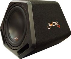 the subwoofer is black and has an orange decal on it's side