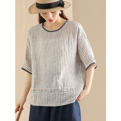 Women Summer Vintage Stripe Spliced Linen Shirt BN1040 Linen Pattern, Summer Vintage, Vintage Summer, Vintage Aesthetic, Kawaii Fashion, Stripes Design, Linen Shirt, Raglan Sleeve, Warm Weather