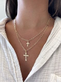 17" Cross pendant measures 1.25 inches Metal Clavicle Chain Necklace With Cross Pendant, Metal Cross Clavicle Chain Jewelry, Gold Metal Cross Charm Necklaces, Elegant Crucifix Chain Necklace, Dainty Crucifix Necklace With Adjustable Chain, Dainty Crucifix Clavicle Chain Jewelry, Gold Cross Pendant Chain Jewelry, Metal Cross Pendant Necklace With Adjustable Chain, Delicate Chain Necklace With Cross Pendant