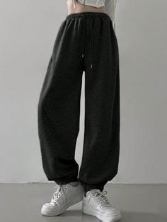 Women's Solid Color Drawstring Waist & Cuffed Sports Sweatpants Black    Knitted Fabric Plain Jogger Non-Stretch  Women Clothing, size features are:Bust: ,Length: ,Sleeve Length: Cheap Full Length Black Sweatpants, Black Sweatpants Aesthetic, Cheap Black Drawstring Sweatpants, Oversized Sweatpants Outfit, Baggy Black Sweatpants With Pockets, Baggy Sweatpants Outfit, Black Baggy Full-length Sweatpants, Sweatpants Outfit Aesthetic, Sweatpants Aesthetic