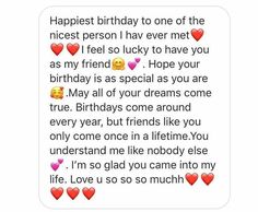 a text message to someone on her birthday with hearts and the words happy birthday written in cursive writing