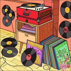 there are many records and vinyls on the floor in front of a record player