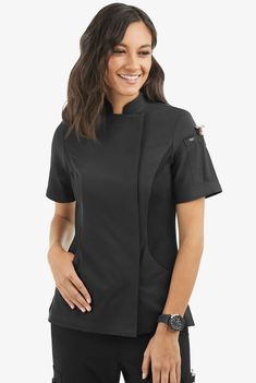 CHEF PERFORMANCE- Women's Short Sleeve Coat with Mesh Panel - Poly/Spandex - STRETCH, Chef Wear Medical Scrubs Fashion, Chef Coats, Chef Uniforms, Short Sleeve Coat, Chef Jackets, Chef Shirts, Chef Pants, Scrubs Outfit, Chef Wear