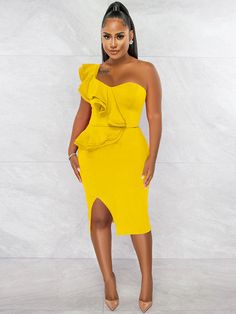 Sleeveless One Shoulder Midi Dresses Formal Wrap Dress, Formal Wrap, Plus Size Party Dress, Plus Size Party, Ruched Maxi Dress, One Shoulder Midi Dress, Yellow Midi Dress, Dress Sleeve Styles, Hip Dress