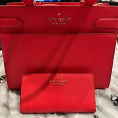 Brand New, Never Used Red Kate Spade Tote Bag With Matching Wallet And Removable Shoulder Strap. Outside Pockets On The Front And Back, Zipper Closure, And Pockets Inside. Wallet Has 13 Card Slots, Id Slot, 4 Money Openings And A Change Zipper On The Back. Purse:10.75”W, 5”D, And 8.5”H Not Including Straps Wallet: 6.75”W, 3.5”H Designer Red Bags With Interior Card Slots, Classic Red Bag With Card Slots, Kate Spade Red Evening Bag, Elegant Wallets With Removable Pouch For Shopping, Kate Spade Luxury Red Bag, Elegant Wallets With Removable Pouch, Kate Spade Red Formal Bag, Luxury Red Kate Spade Bag, Formal Red Kate Spade Bag