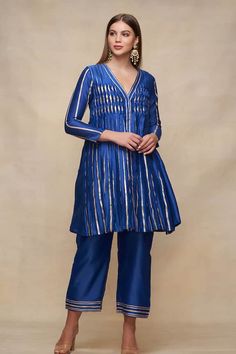 Royal blue kurta dress with gota embroidery and long sleeves in chanderi base. - Aza Fashions Kurta Dress For Women, Gota Embroidery, Kurta Patterns, Blue Kurta, Kurta Dress, Womens Tunics, Dress For Women, Aza Fashion, Royal Blue