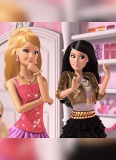 two barbie dolls standing next to each other in a pink and white room with gold accessories