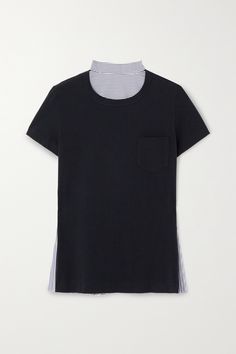 Sacai's experimental approach to design ensures even its more classic clothes feel entirely fresh. This cotton-jersey tee appears simple from the front and turns to reveal a striped poplin panel at the reverse resembling a collared shirt. It's partially pleated for volume and movement and has a chest patch pocket. Navy Cotton T-shirt For Work, Sporty Cotton T-shirt For Work, Sporty Cotton Tops For Work, Classic Clothes, Collared Shirt, Classic Outfits, Jersey Tee, Cotton Poplin, Cotton Shorts