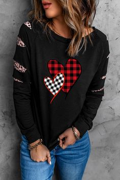 Black Plaid Hearts Print Leopard Cut-out Long Sleeve Sweatshirt Trendy Black T-shirt With Heart Print, Black Long Sleeve Patchwork Top, Black Casual Tops With Patchwork, Black Patchwork Top For Fall, Winter Heart Print Tops, Black Trendy T-shirt With Heart Print, Long Sleeve Heart Graphic Sweater For Fall, Black Heart Print T-shirt For Spring, Casual Heart Print Sweater For Spring