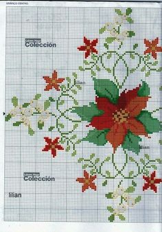 a cross stitch pattern with poinsettis and leaves on the bottom half of it