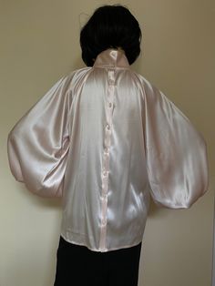 "This is a very stylish Womens Satin blouse. It is comfortable and cozy. Made for a free flowing fit. Great for all year around and for any special occasion or casual day can be dressed up or dressed down. SIZE CHART SIZE S - US 6, UK 8, EU 36 bust: bust around 34.5\"/90cm Waist: waist around 27.5\"/70cm Hips: hips around 34.5\"/90cm SIZE M - US 8, UK 10, EU 38 bust: bust around 37.5\"/95cm Waist: waist around 29.5\"/75cm Hips: hips around 37.5\"/95cm SIZE L - US 10, UK 12, EU 40 bust: bust arou Feminine Evening Blouse With Blouson Sleeves, Feminine Blouse With Blouson Sleeves For Evening, Pink Bishop Sleeve Blouse For Fall, Fall Pink Bishop Sleeve Blouse, Feminine Evening Top With Blouson Sleeves, Feminine Long Sleeve Satin Tops, Feminine Bishop Sleeve Party Tops, Feminine Silk Blouse With Blouson Sleeves, Feminine Balloon Sleeve Formal Tops