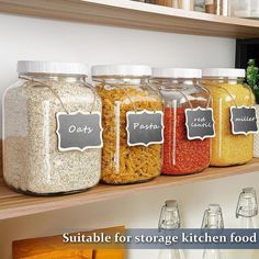 there are many jars with labels on them that say oats, pasta and other things