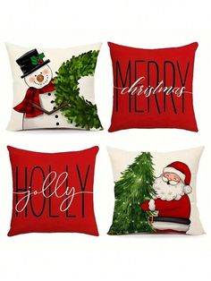 three christmas pillows with santa claus, snowman and holly