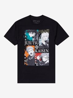 We heard Shibuya could use an extra jujutsu sorcerer! Lend a hand and channel your cursed energy in this Jujutsu Kaisen tee! Featuring four panels depicting tonal images of Megumi  Gojo  Yuji and Nobara  plus the anime's title in the center.100% cottonWash cold; dry lowImportedListed in men'sunisex sizes Jujutsu Kaisen Group, Yuji And Nobara, Cursed Energy, Gojo Yuji, Jujutsu Sorcerer, Megumi Gojo, Anime Titles, Anime Tees, Mens Graphic Tee