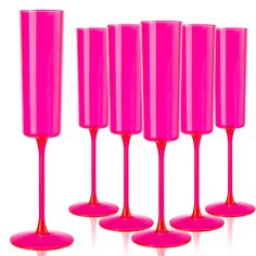 six pink wine glasses lined up in a row