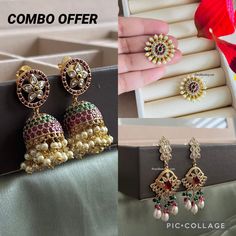 3 Pc Combo Offer for Festival season 1) Kemp stone jhumka earrings 2) Stud earrings kemp stone 3) 14k gold plated Earrings . Diwali Designer Jhumkas With Latkans, Designer Jhumkas With Latkans For Diwali, Designer Stone Work Jhumkas For Festivals, Designer Festival Jhumkas With Stone Work, Festival Designer Jhumkas With Stone Work, Diwali Designer Jewelry With Latkans, Designer Tilla Earrings For Diwali, Designer Chandbali Jhumkas For Festivals, Designer Gold Jhumkas For Festivals