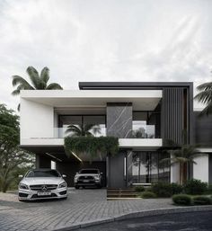 two cars are parked in front of a modern house with palm trees on the side