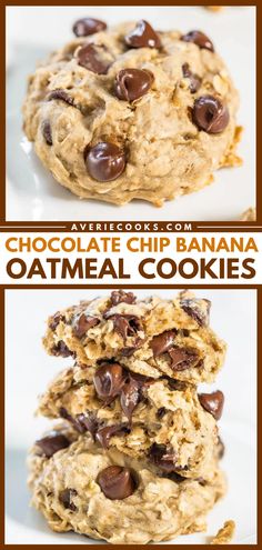 chocolate chip banana oatmeal cookies stacked on top of each other with text overlay