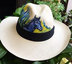 Curved Brim Straw Hat As Summer Gift, Curved Brim Straw Hat For Summer, Summer Straw Hat With Curved Brim As Gift, Curved Brim Straw Hat For Summer Gift, Handmade Summer Panama Hat For Kentucky Derby, White Artsy Summer Hat, White Hand Painted Hats For Vacation, Artistic Handmade Blue Hats, Artsy White Summer Hat