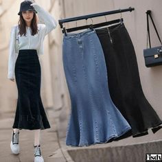 Fisdy - High-waisted, Body-hugging, Fish-tail Denim Midi Skirt with Delicate Lotus Leaf Hemline Fitted Denim Skirt, High Waisted Denim Skirt, Umbrella Skirt, Striped Maxi Skirts, Striped Midi Skirt, Fishtail Skirt, Skirts Midi High Waisted, Mermaid Style, Half Skirt