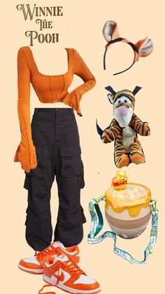 an image of winnie the pooh costume with shoes and headbands on it