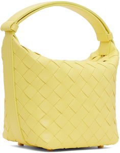 Intrecciato-woven grained calfskin top handle bag in yellow. · Adjustable carry handle · Bumper studs at base · Zip closure · Buffed calfskin lining · H6 x W8 x D3.5 Supplier color: Sherbert gold Luxury Yellow Bag With Braided Handles, Luxury Yellow Bags With Braided Handles, Luxury Yellow Shoulder Bag With Braided Handles, Yellow Bags With Intrecciato Weave For Everyday Use, Yellow Top Handle Shoulder Bag With Braided Handles, Yellow Crossbody Shoulder Bag With Braided Handles, Yellow Shoulder Bag With Braided Double Handles, Yellow Shoulder Bag With Top Handle And Handle Drop, Yellow Candy