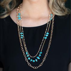 Infused With Sections Of Refreshing Turquoise Stones, A Trio Of Mismatched Gold Chains Layer Down The Chest For A Dash Of Earthy Refinement. Features An Adjustable Clasp Closure. Sold As One Individual Necklace. Includes One Pair Of Matching Earrings. Blue Beaded Necklaces With Chain, Turquoise Multi-strand Necklace For Party, Blue Necklace For Summer Parties, Blue Beaded Chain Jewelry For Summer, Elegant Blue Beaded Necklaces With Chain, Summer Blue Beaded Chain Jewelry, Elegant Adjustable Blue Layered Necklace, Elegant Blue Adjustable Layered Necklace, Elegant Blue Turquoise Necklace For Beach