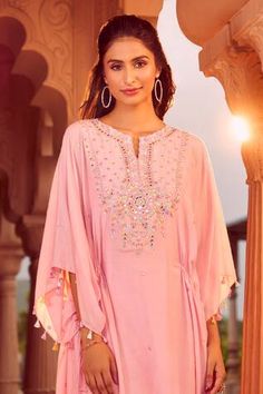 Powder pink kaftan with geometric hand embroidery using multi colored thread, mirror, beads work. Paired with an inner slip dress. - Aza Fashions Geometric Hand Embroidery, Pink Kaftan, Mirror Beads, Draped Sleeves, Beads Work, Pink Beads, Powder Pink, Aza Fashion, Cotton Silk