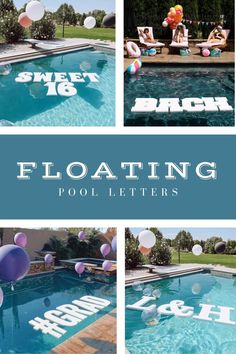 pool letters and balloons floating in the water