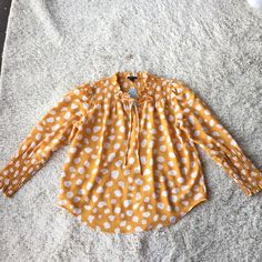 New! Yellow Dots Long Sleeve Blouse. Polka Dot Long Sleeve Blouse For Brunch, Long Sleeve Polka-dot Blouse For Brunch, Long Sleeve Polka Dot Blouse For Brunch, Casual Polka Dot Blouse For Fall, Chic Polka Dot Blouse For Brunch, Polka Dot Tops For Day Out In Fall, Burgundy Shorts, Black Lace Shorts, Petite Blouses