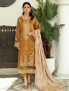 Classic Gold Embroidered Pakistani Salwar Kameez Dupatta Salwar Suit Pakistani Winter Dresses, Nishat Linen, Frame Work, Embroidered Suit, Organza Sleeves, Pakistani Wedding Dress, Summer Lawn, Winter Shawl, Pakistani Salwar Kameez