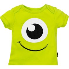 a green t - shirt with an eyeball on the front, and a smile on the back