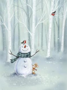 a painting of a snowman in the woods