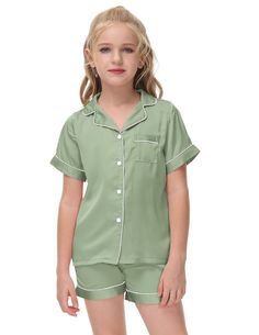 PRICES MAY VARY. 🌈Premium Material: This Kids Classic Short Sleeve Pajamas Made of high-quality silk satin fabric. Ultra-soft, lightweight, cool, breathable and comfortable. Give your lovely kids to dreamland sweet in every summer night. 🌈Classic Pajamas Style: VESEACKY unisex nighty design with classic notch collar, short sleeve, button front sleep shirt, mini chest pocket, exquisite piping contrast and super cute pj shorts. Suitable for boys and girls wear in spring and summer. 🌈Elastic Wai Green Short Sleeve Sets For Sleepover, Cute Green Sleepwear For Bedtime, Green Sleepwear For Sleepover, Cute Green Pajama Party Set, Cute Green Short Sleeve Sleepwear, Solid Short Sleeve Bedtime Sets, Satin Pajamas Set, Silk Pjs, Summer Pajama Set