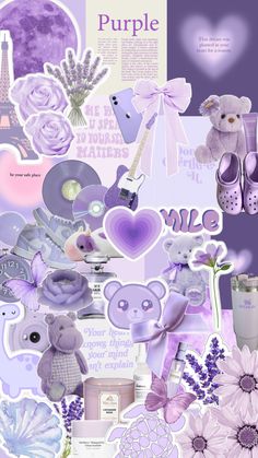 a collage of purple and white items including teddy bears, flowers, hearts, and other things