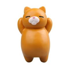 an orange cat toy with its eyes closed and hands in the air, on a white background