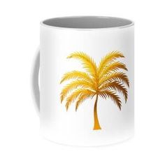 a white coffee mug with a yellow palm tree on it