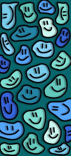 an abstract painting of blue and white smiley faces on a green background with black border