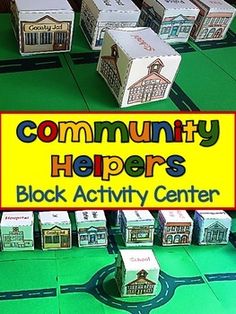 the community helpers block activity center is set up with several boxes on top of it