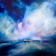 an abstract painting with blue, purple and white clouds over the ocean on a black background