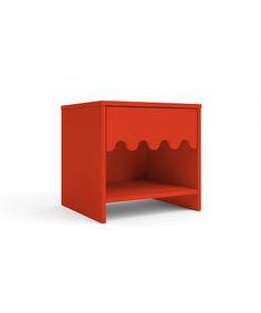 a small red shelf with an open section on one side and a closed section on the other